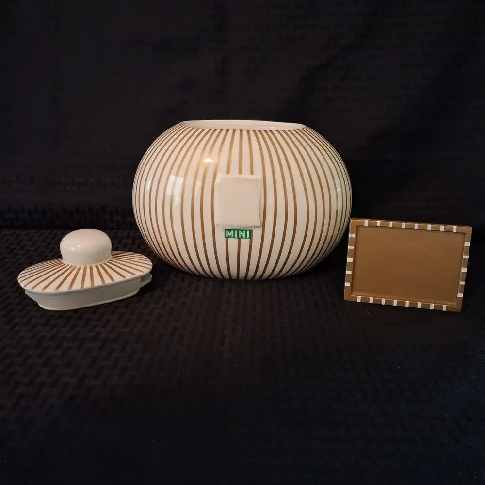 Happy Everything Coton Colors Gold Striped Cookie Jar w/ Frame EUC MINI-JAR-GLD